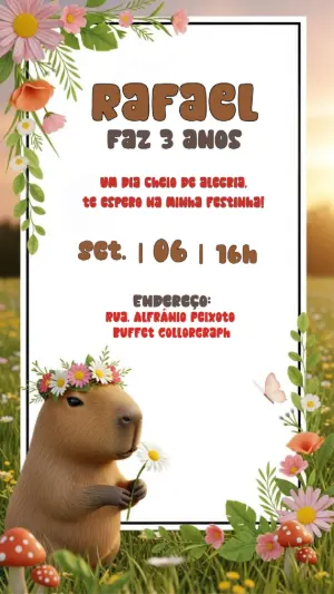 Convite de Aniversário Capivara Fofa para Editar Online