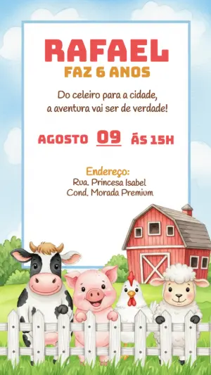 Convite Aniversário Fazendinha com Animais para Editar Online
