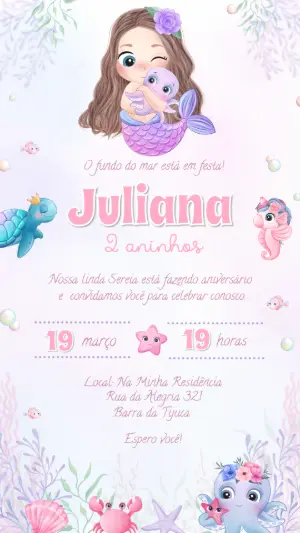 Convite de Aniversário Sereia Fofa em Aquarela para Editar