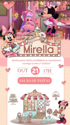 Convite Animado Aniversário Minnie Confeiteira para Editar