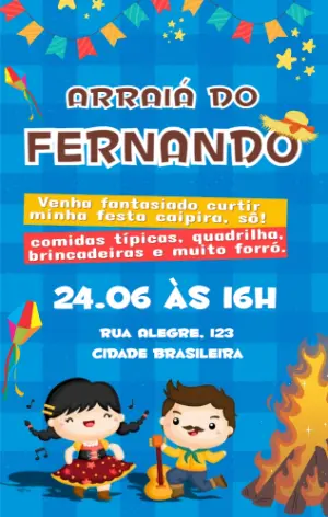 Convite Festa Junina com Crianças Caipiras para Editar Online