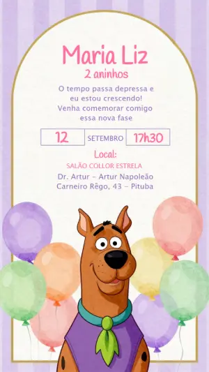 Convite de Aniversário Scooby-Doo Lilás Modelo Editável