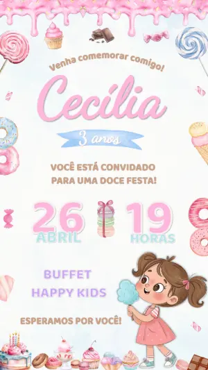 Convite de Aniversário Mundo Doce Editável com Guloseimas