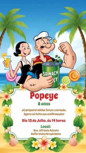 Convite de Aniversário Popeye com Personagens para Editar Online