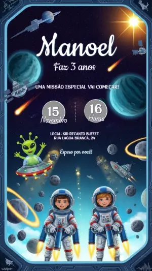 Convite Aniversário Astronauta no Espaço para Editar Online
