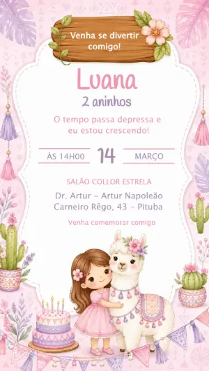 Convite de Aniversário Lhama Rosa Fofo para Editar