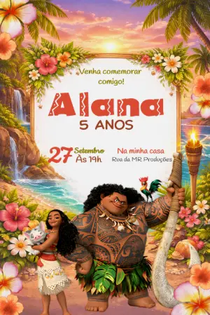 Convite de Aniversário Moana Tropical para Editar Online