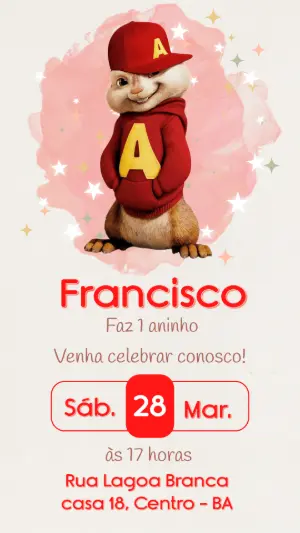 Convite Digital Aniversário Infantil Alvin e os Esquilos Editável