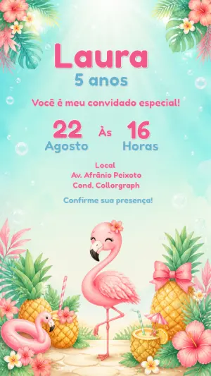 Convite de Aniversário Flamingo Tropical para Editar
