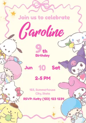 Cute Sanrio Friends Birthday Invitation Editable Template