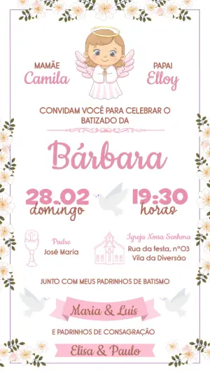 Convite de Batizado Menina Anjinha Floral Rosa Editável