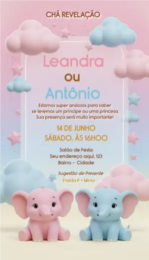 Convite Chá Revelação Elefantinhos Rosa e Azul Editável