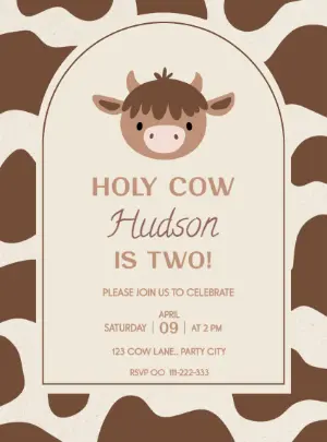 Holy Cow Birthday Invitation, Cute Farm Animal Theme, Editable Template
