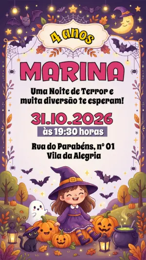 Convite de Aniversário Halloween Menina Bruxinha Editável