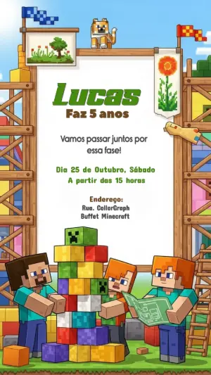 Convite Aniversário Minecraft com Personagens para Editar Online