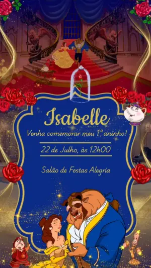 Convite Animado Aniversário A Bela e a Fera para Editar Online