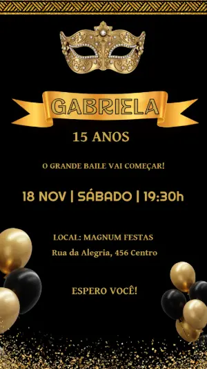 Convite 15 Anos Baile de Máscaras Preto e Dourado Editável