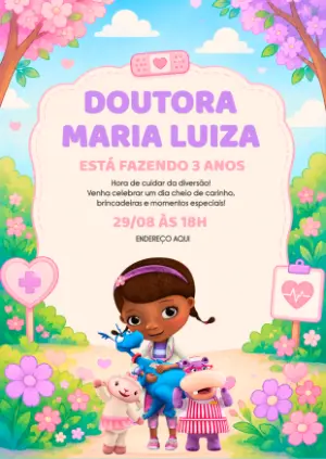 Convite Doutora Brinquedos Fofo e Colorido para Editar