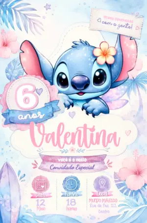 Convite Animado Stitch Aquarela Rosa e Lilás para Editar