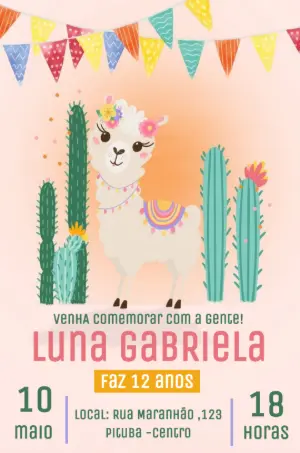 Convite de Aniversário Lhama e Cactos para Editar Online