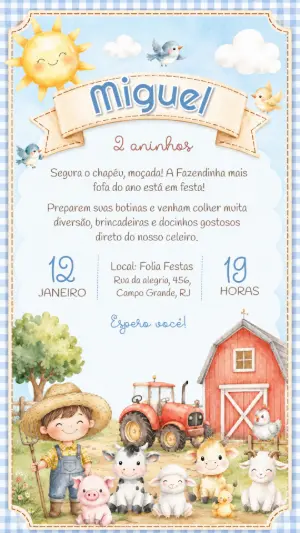 Convite de Aniversário Fazendinha Aquarela para Editar