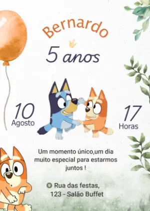 Convite Aniversário Bluey e Bingo para Editar Online