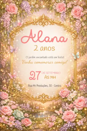 Convite de Aniversário Jardim Encantado Dourado para Editar