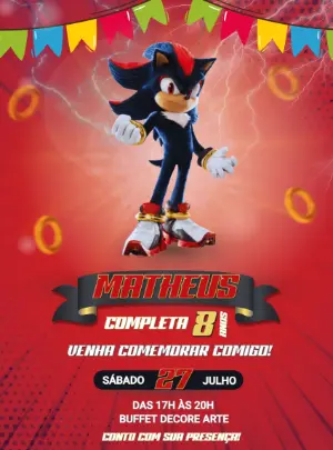 Convite Aniversário Shadow do Sonic para Editar Online