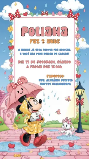 Convite Aniversário Minnie Chuva para Editar Online