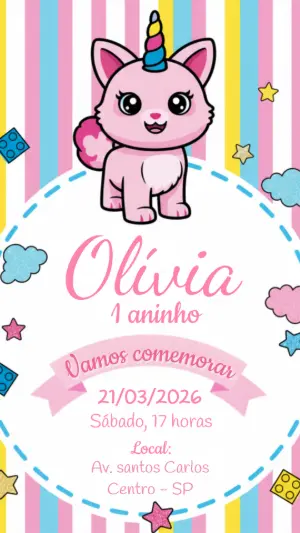 Convite de Aniversário Gato Unicórnio Colorido para Editar