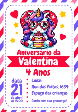 Convite Aniversário Unicórnio Fofinho para Editar Online