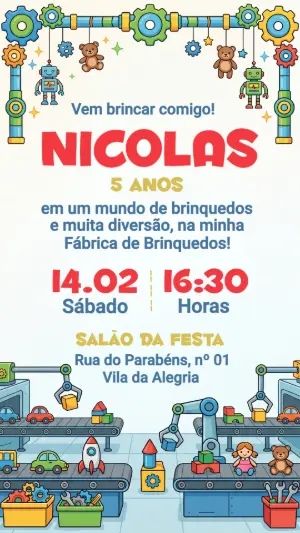 Convite Infantil Fábrica de Brinquedos Colorido para Editar