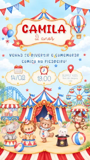 Convite de Aniversário Circo Infantil Aquarela para Editar