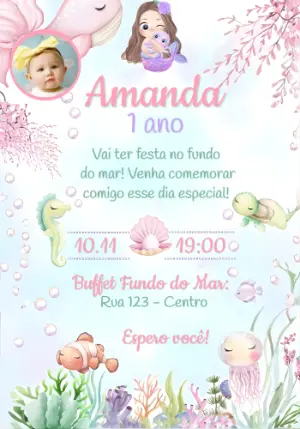 Convite Digital Aniversário Sereia Fundo do Mar Editável