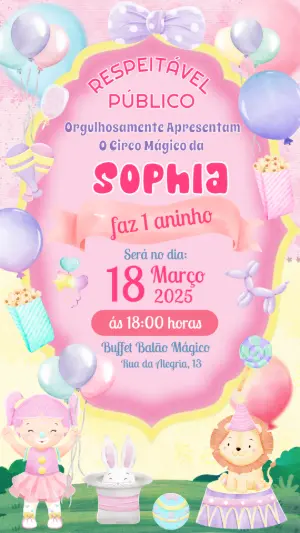 Convite de Aniversário Circo Rosa Menina para Editar Online