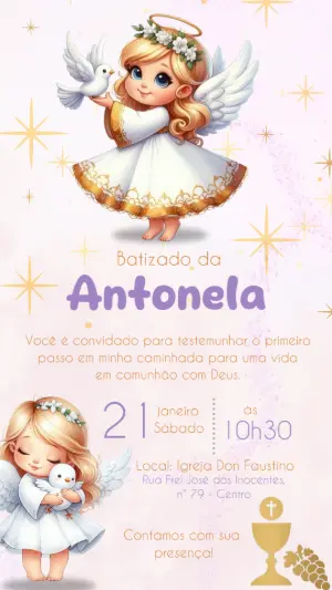 Convite de Batizado Anjinha Delicada para Editar Online