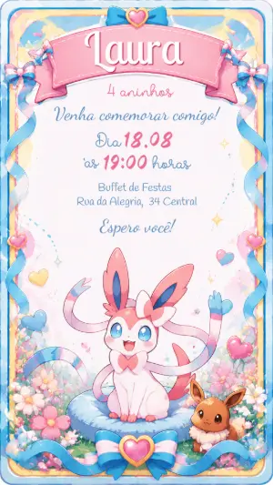 Convite Digital Aniversário Pokémon Sylveon Editável