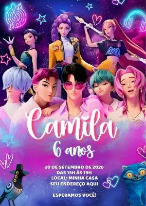 Convite de Aniversário Guerreiras do K-Pop Neon para Editar