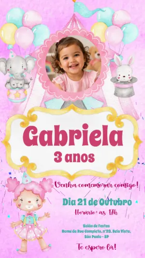 Convite Animado Aniversário Circo Rosa Aquarela para Editar com foto