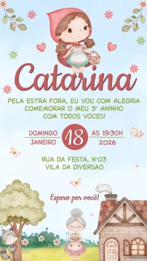 Convite de Aniversário Chapeuzinho Vermelho Aquarela Editável