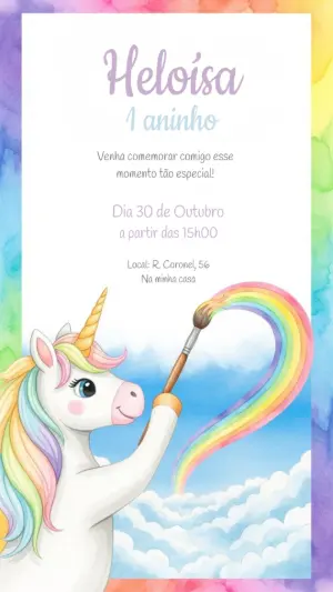 Convite Aniversário Unicórnio Aquarela para Editar Online