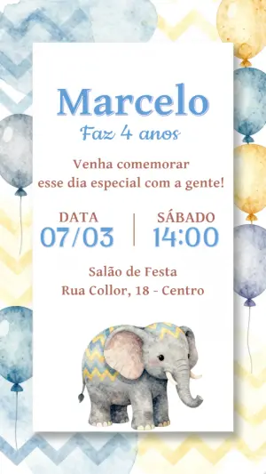 Convite de Aniversário Infantil Elefantinho Aquarela Editável