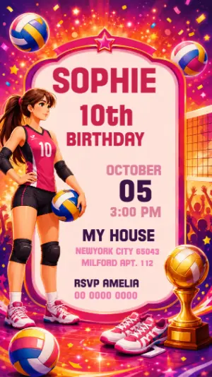 Editable Volleyball Birthday Invite with Anime Girl Design