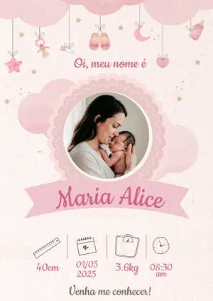 Anúncio de Nascimento Menina com Foto para Editar Online