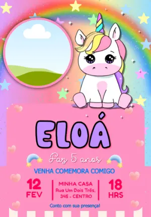Convite de Aniversário Unicórnio Fofo para Editar Online