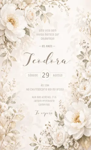 Convite Aniversário Feminino Floral Branco Editável