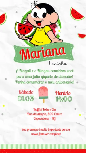 Convite de Aniversário Magali Melancia Modelo Editável