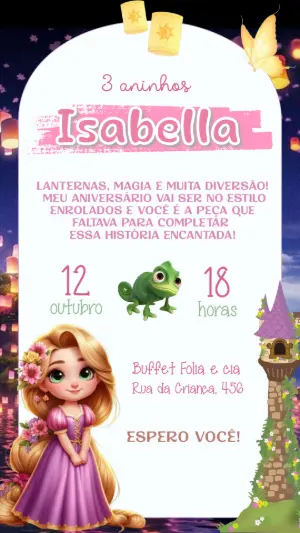 Convite Aniversário Enrolados com Rapunzel para Editar Online