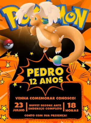 Convite de Aniversário Pokémon Dragonite para Editar Online