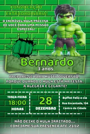 Convite de Aniversário Hulk Infantil para Editar e Enviar